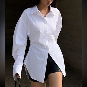 White Elegant Collared Clenched Waist Button Down Top